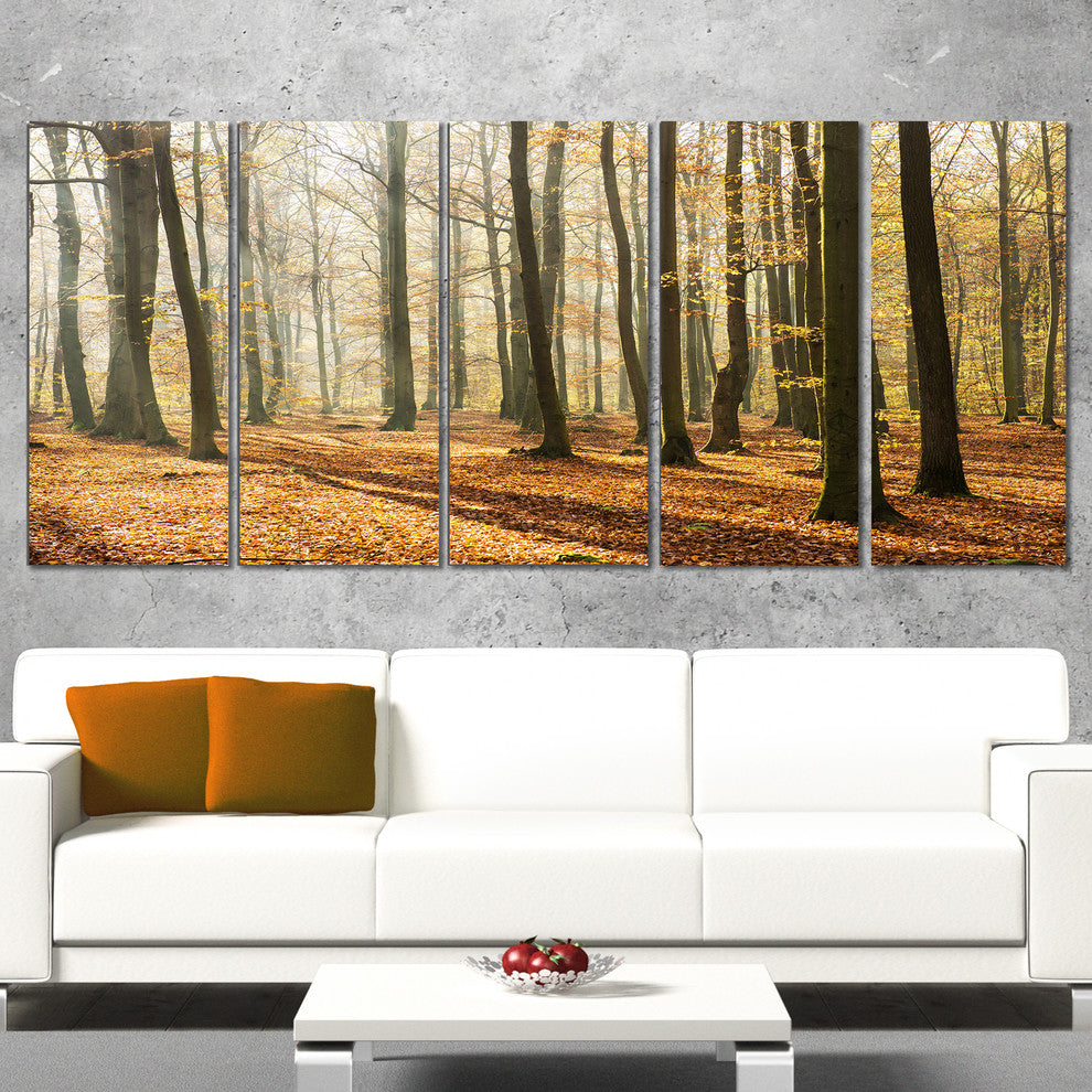 Bright Autumn Day in Thick Forest, Modern Forest Canvas Art, 60"x28", 5 Panels