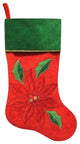 20" Red Velveteen Sequined Poinsettia Christmas Stocking With Green Cuff