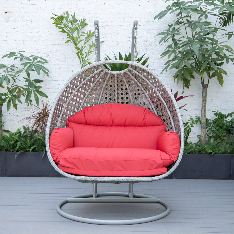 LeisureMod Mendoza Light Gray Wicker Hanging Double Egg Swing Chair, Red
