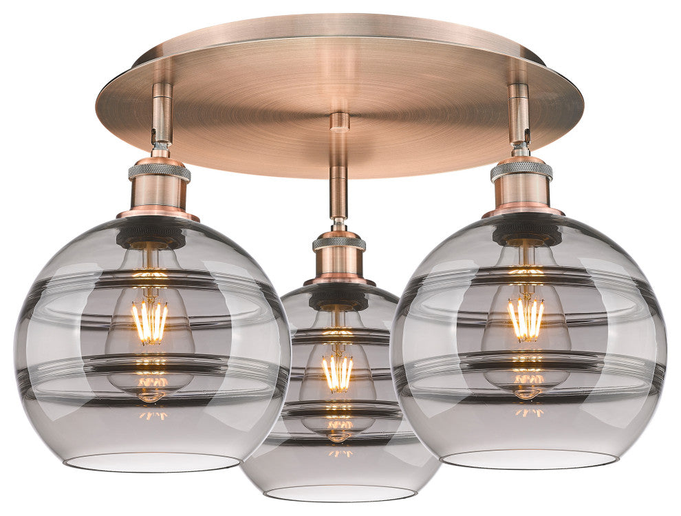 Ballston-Rochester 3-Light 20" Flush Mount, Antique Copper, Light Smoke