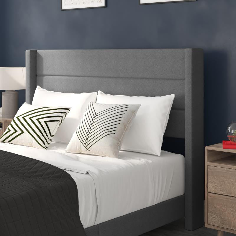 Hollis Upholstered Platform Bed with Wingback Headboard w/Mattress Foundation, Gray, Queen