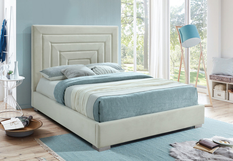 Nora Velvet Upholstered Bed, Cream, Full