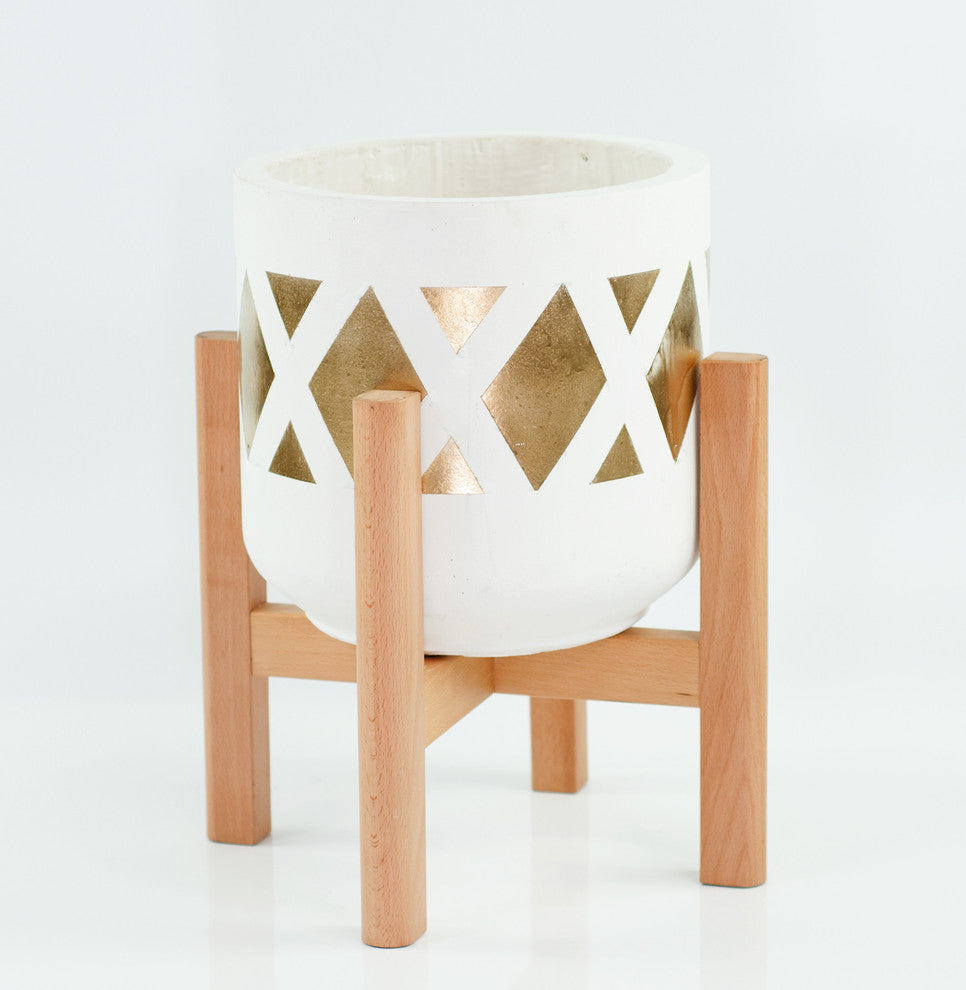 Large Hand Painted Fiber Clay Pot 10'' With Wood Plant Stand Set Natural Color