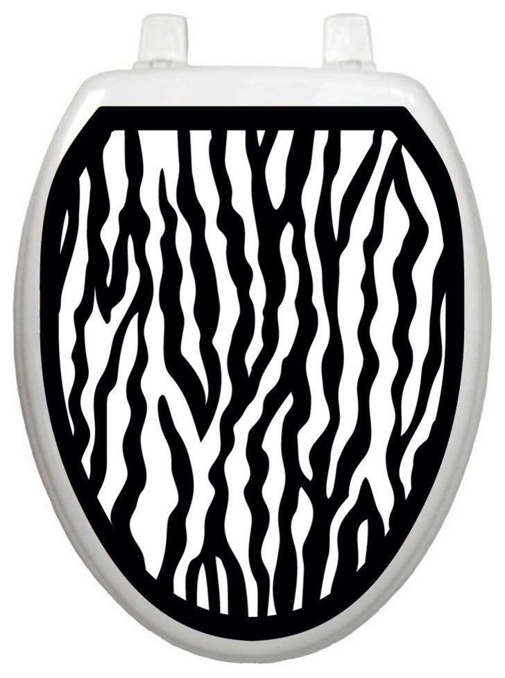 BW Zebra Toilet Tattoos Seat Cover, Vinyl Lid Decal, Animal Print Bathroom Decor, Elongated