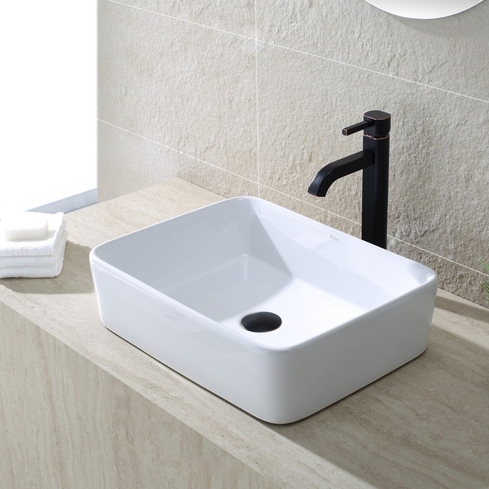 Elavo Ceramic Rectangle Vessel White Sink, PU Drain Oil Rubbed Bronze