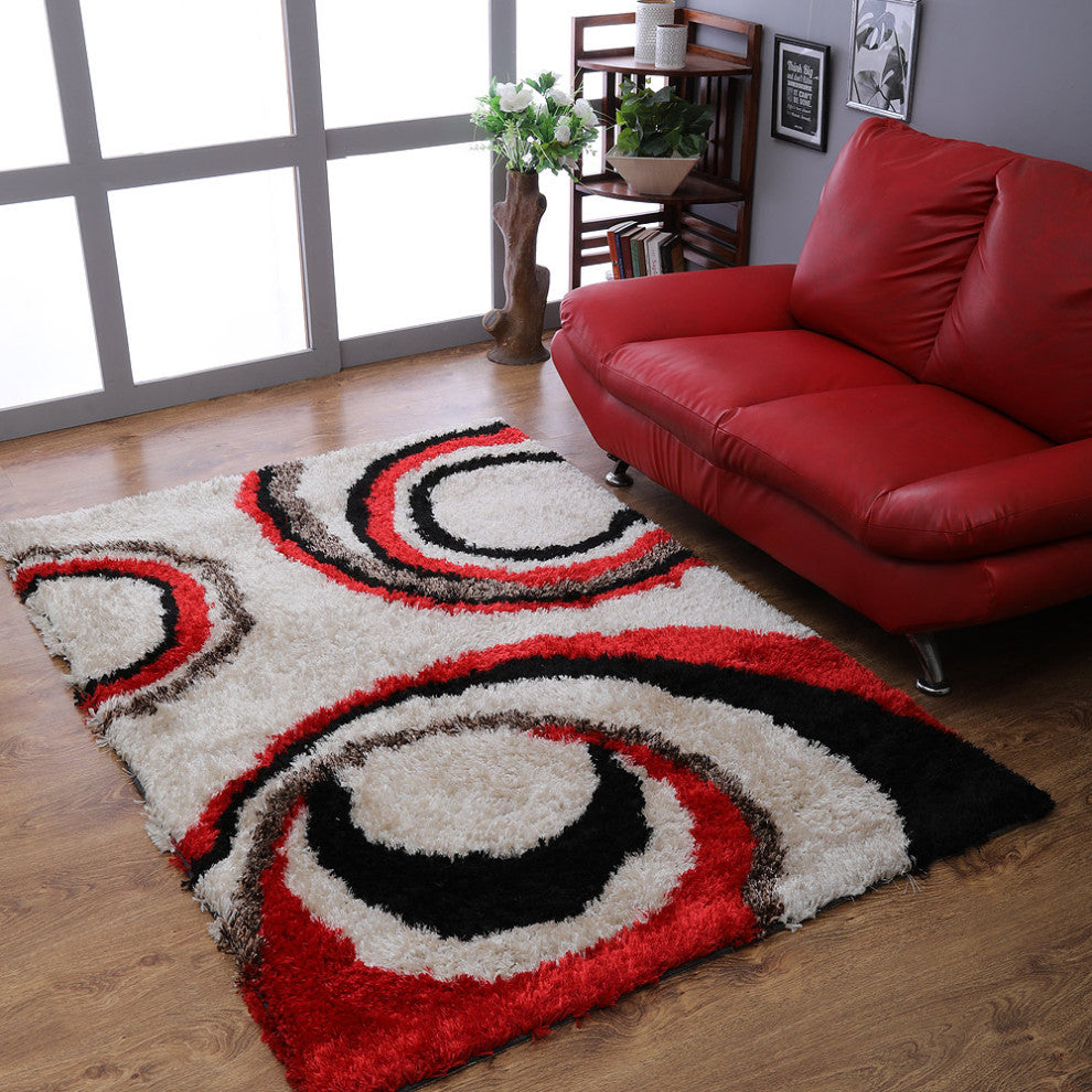 Hand Tufted Shag Polyester Area Rug Geometric Ivory Red K00019, [Rectangle] 6'x9'