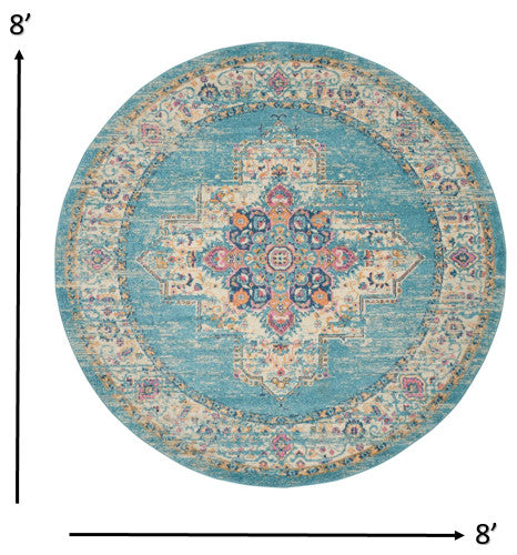 8' Light Blue Round Southwestern Power Loom Area Rug