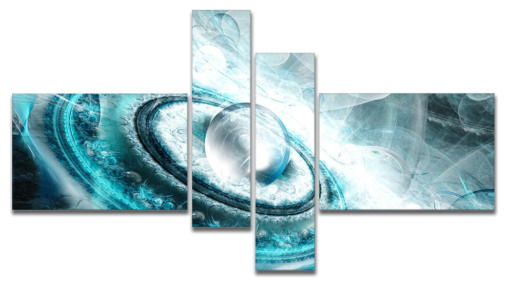 Blue Fractal Flying Saucer, Floral Canvas Art Print, 60"x32", 4 panels