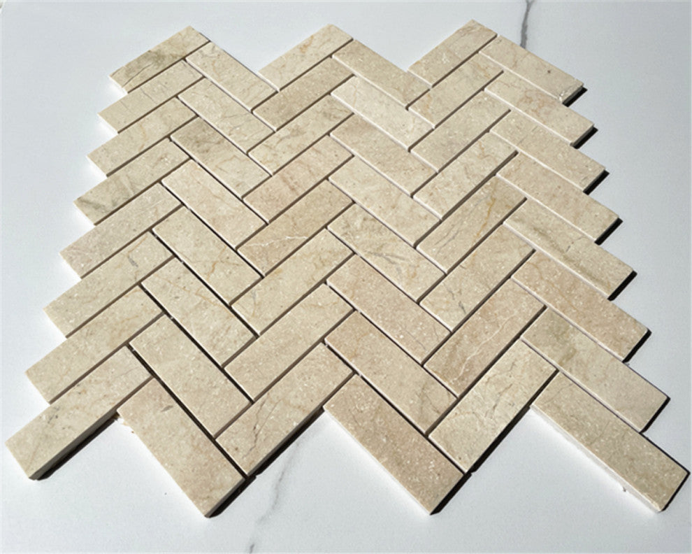 Crema Marfil Marble 1x3 Herringbone Mosaic Tile Polished, 1 sheet