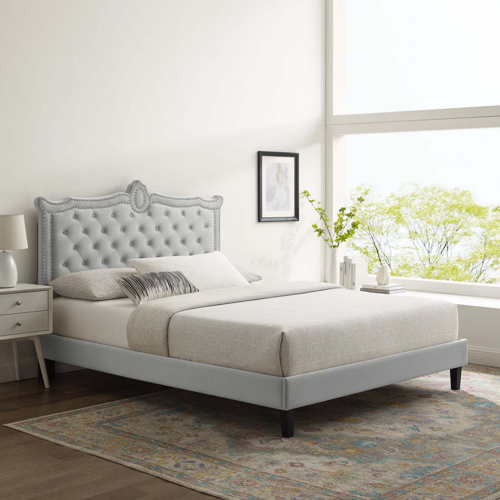 Platform Bed Frame, Nailhead, Queen Size, Gray, Velvet, Modern
