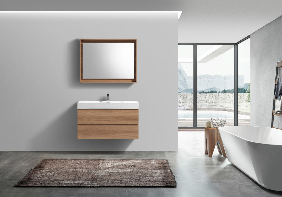 Bliss 36'' Wall Mount Modern Bathroom Vanity Vulcan Ash Grey, Honey Oak