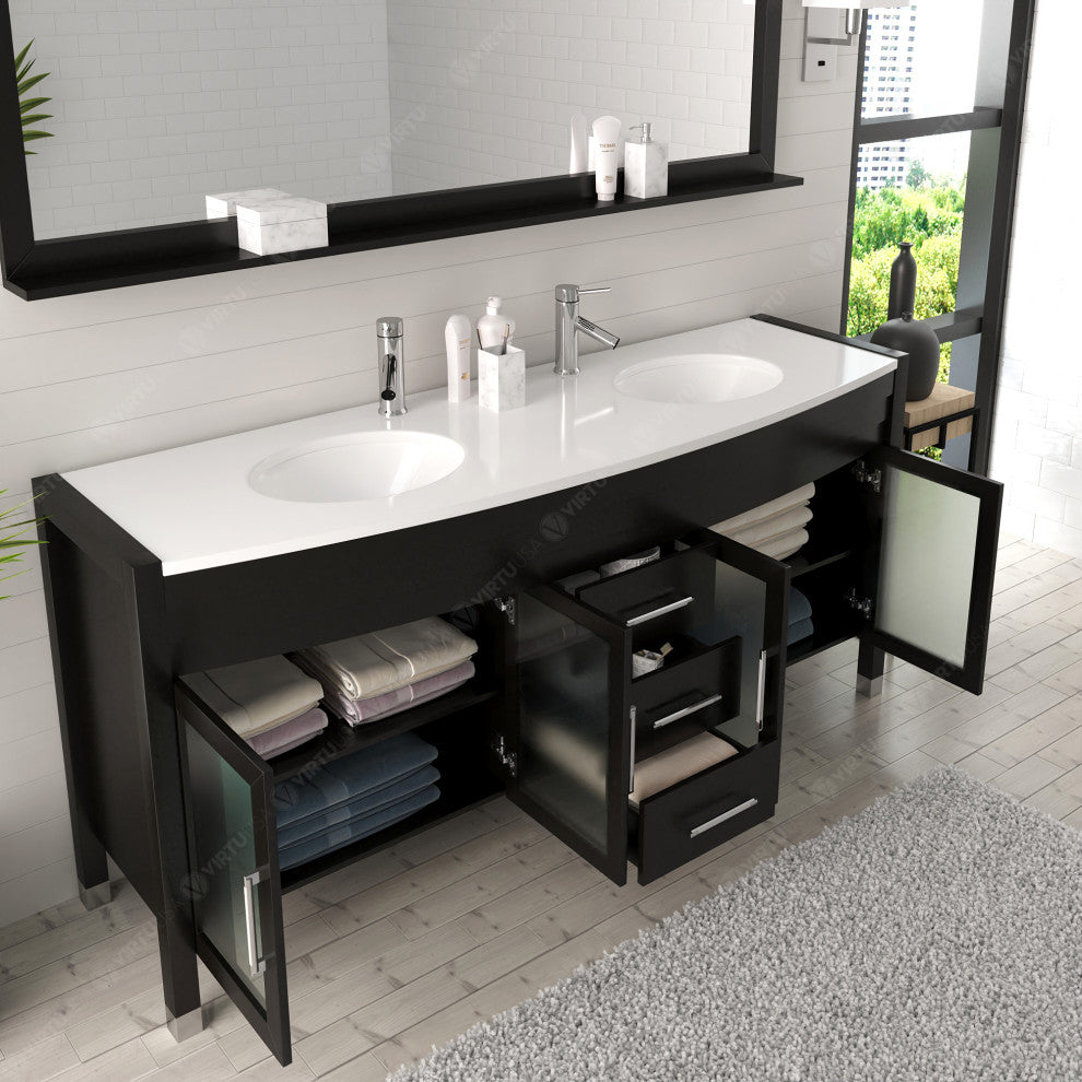 Virtu Ava 71" Double Bathroom Vanity, Espresso With Faucet and Mirror