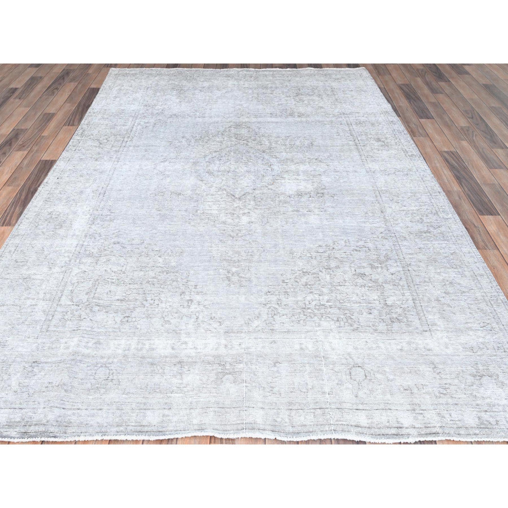 Laid Gray, Worn Wool, Hand Knotted, Vintage Persian Tabriz Rug, 6'6"x9'6"
