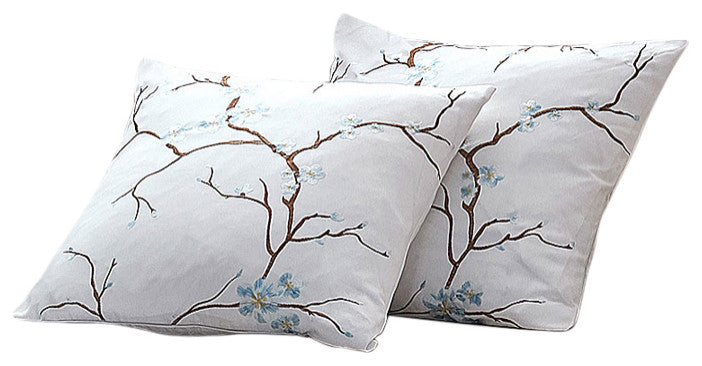 Cherry Blossom Embroidery 2 Piece Pillow Covers, Light Blue, 20" X 20"