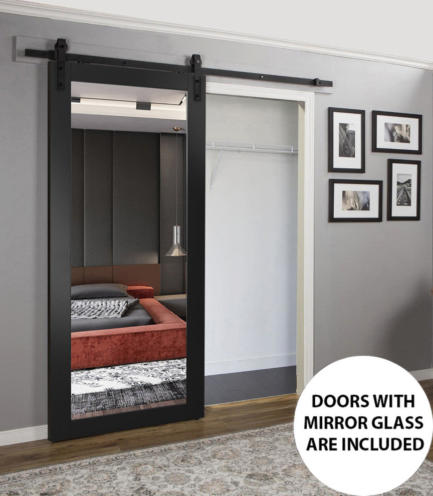 Barn Door 32 x 96, Lucia 1299 Matte Black & Mirror, 6.6' Rail