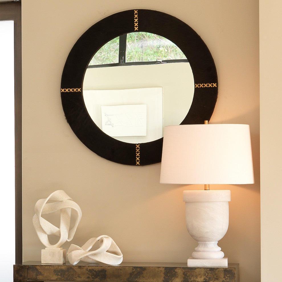 Round Cross Stitch Mirror, Espresso Hide With Antique Brass