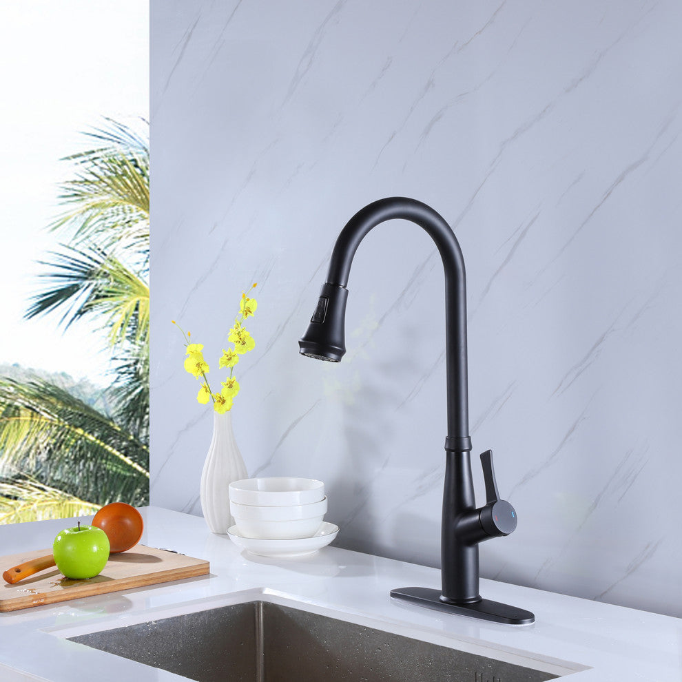 Pull Out Single Handle Two Function Deck Mounted Kitchen Faucet, Matte Black