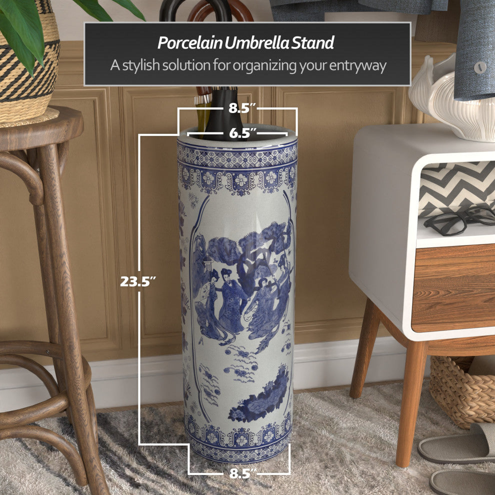 24" Ladies Blue and White Porcelain Umbrella Stand