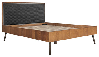 Coco Rustic Oak Wood Upholstered Faux Leather Queen Platform Bed