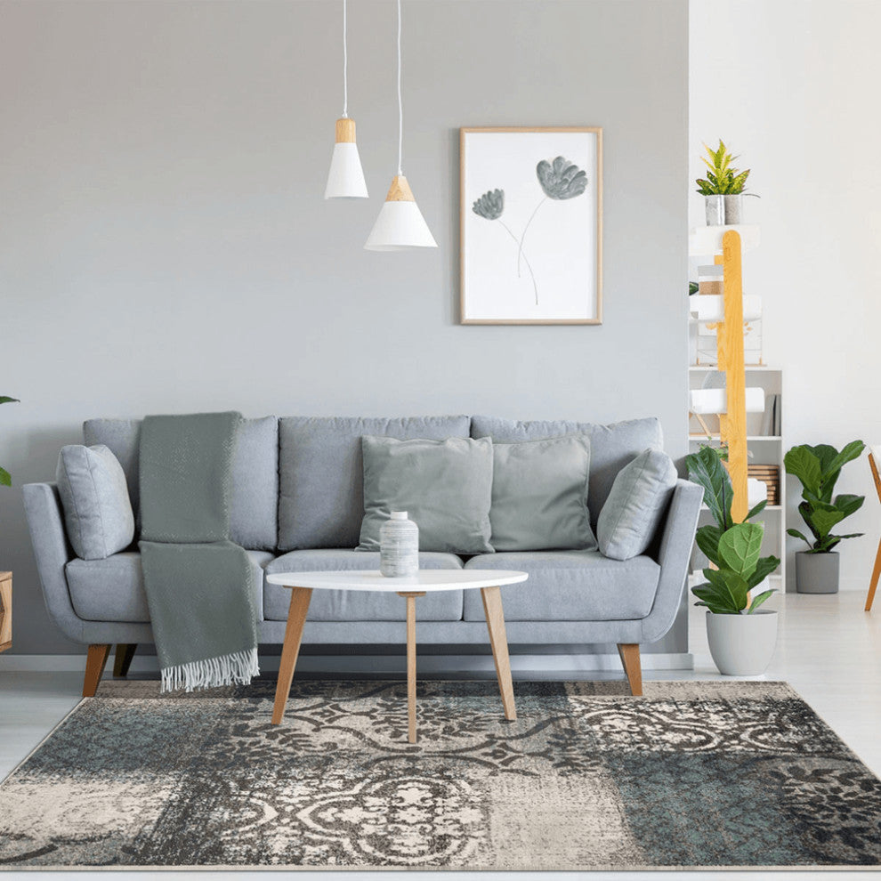 4' X 6' Teal And Gray Damask Distressed Stain Resistant Area Rug