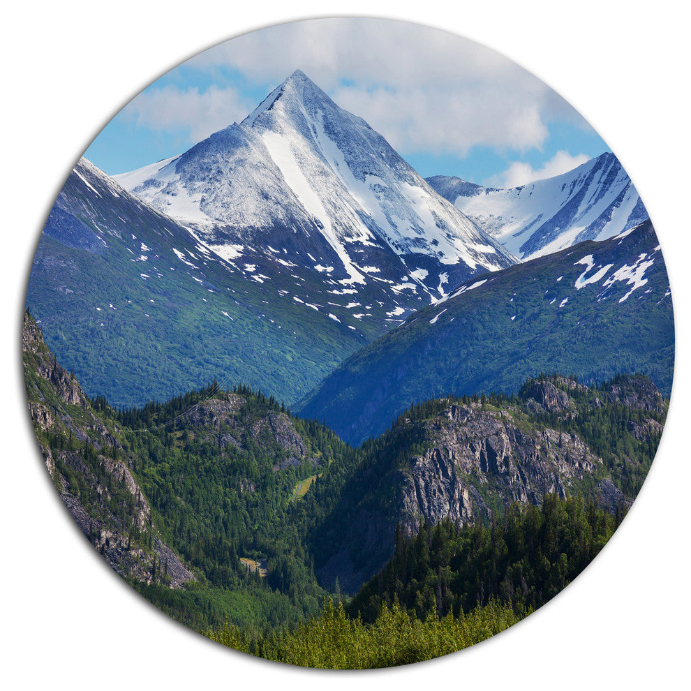 Frosty Mountains On Alaska, Landscape Round Metal Wall Art, 23"