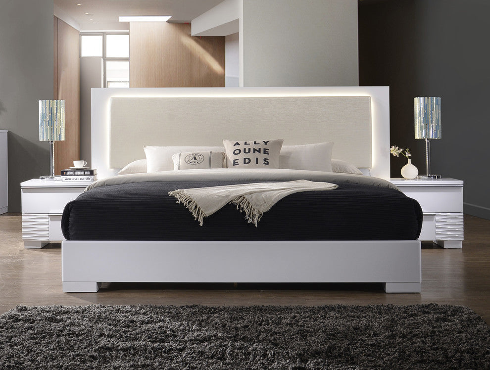 Athens, White Lacquer Platform Bed With LED Lighting, Queen