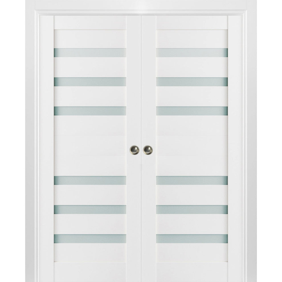 Sliding Interior Double Pocket Doors|Frosted Glass|Quadro 4266 White Silk 48x96