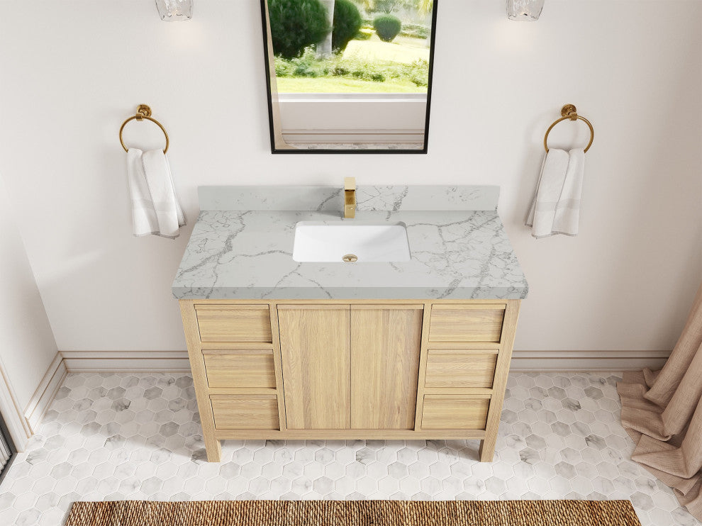 Elizabeth Oak 48" Single Sink Vanity, White 2" Venatino Quartz