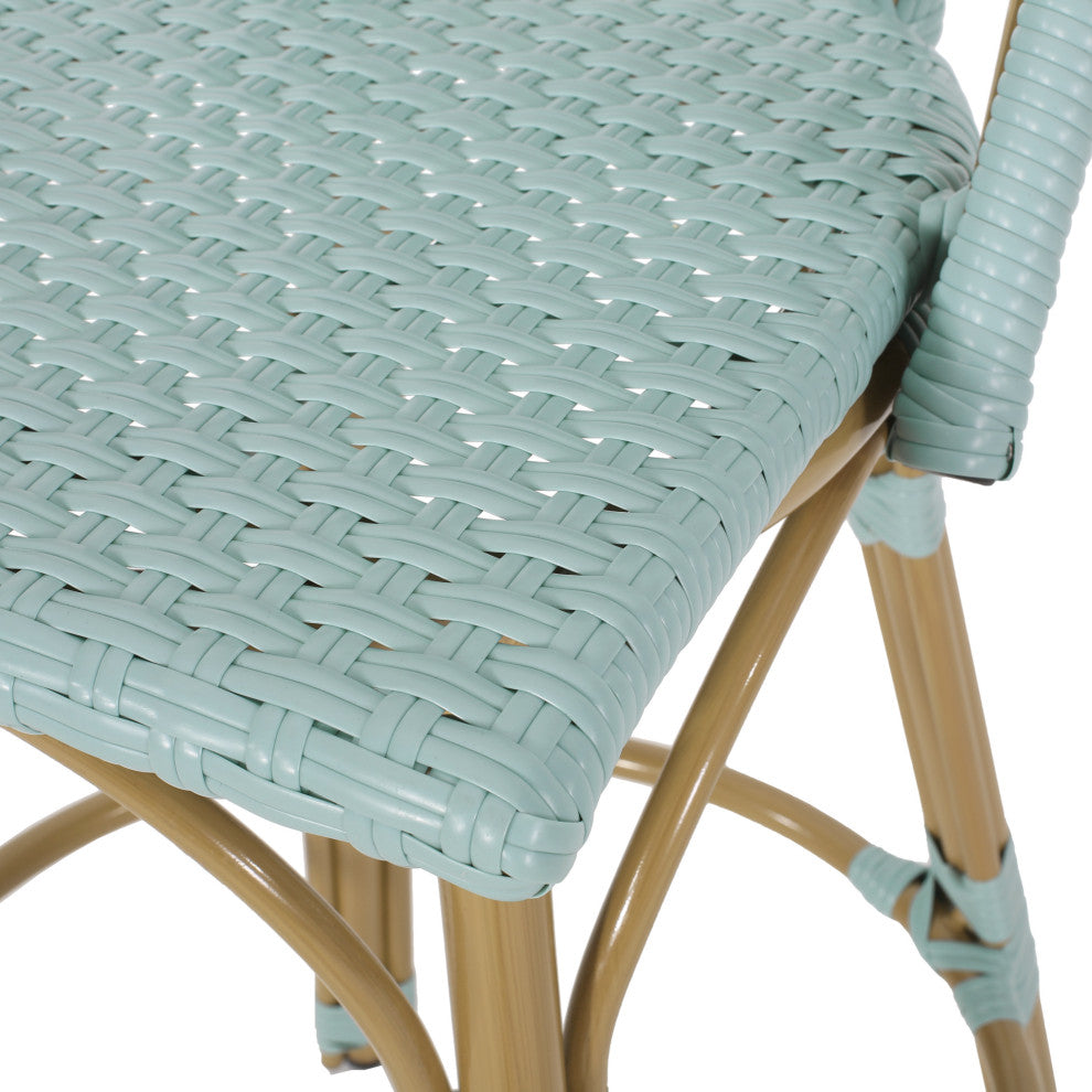 Cotterell Outdoor French Wicker and Aluminum 29.5" Barstools, Set of 4, Light Teal/Bamboo Finish