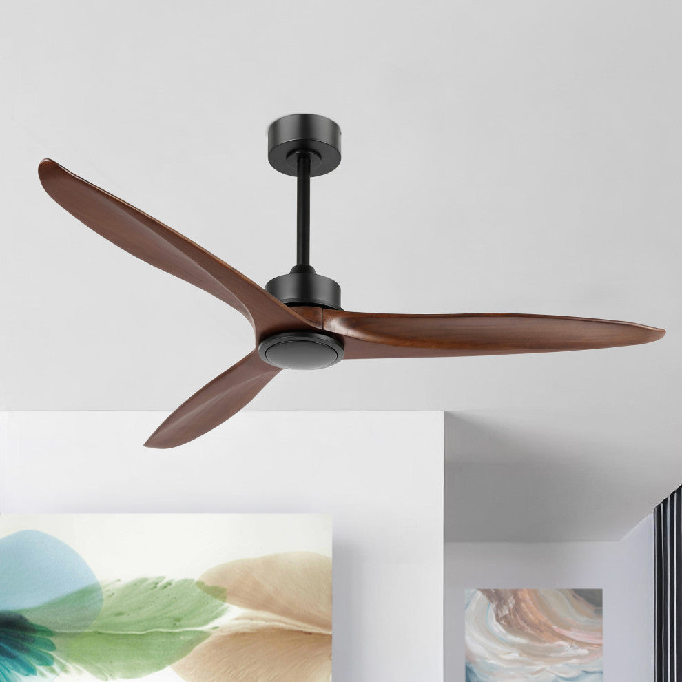 52" Solid Wood 3-Blade Propeller Ceiling Fan With Remote, Black/Walnut