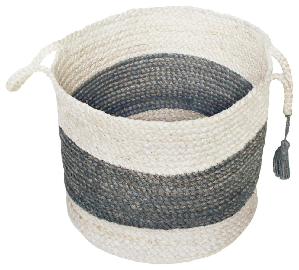 Bold Striped Off-White Jute Decorative Storage Basket with Handles