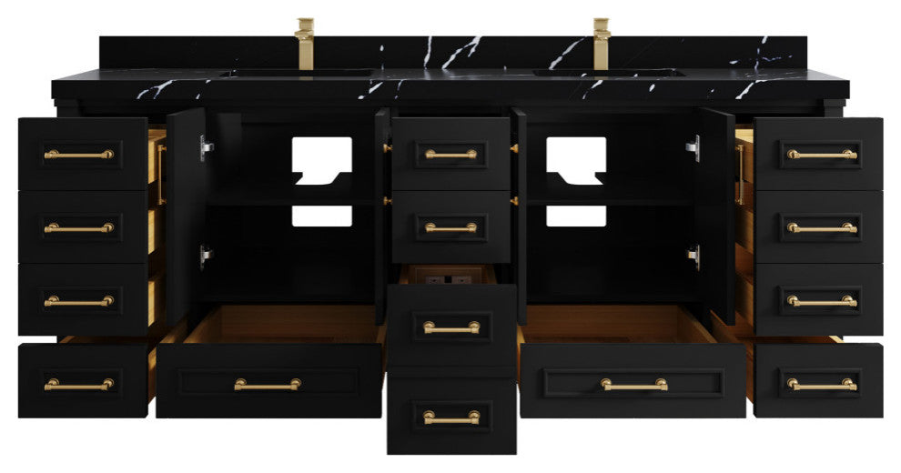 Aberdeen 84 Double Sink Bath Vanity In Black 2" Calacatta Black