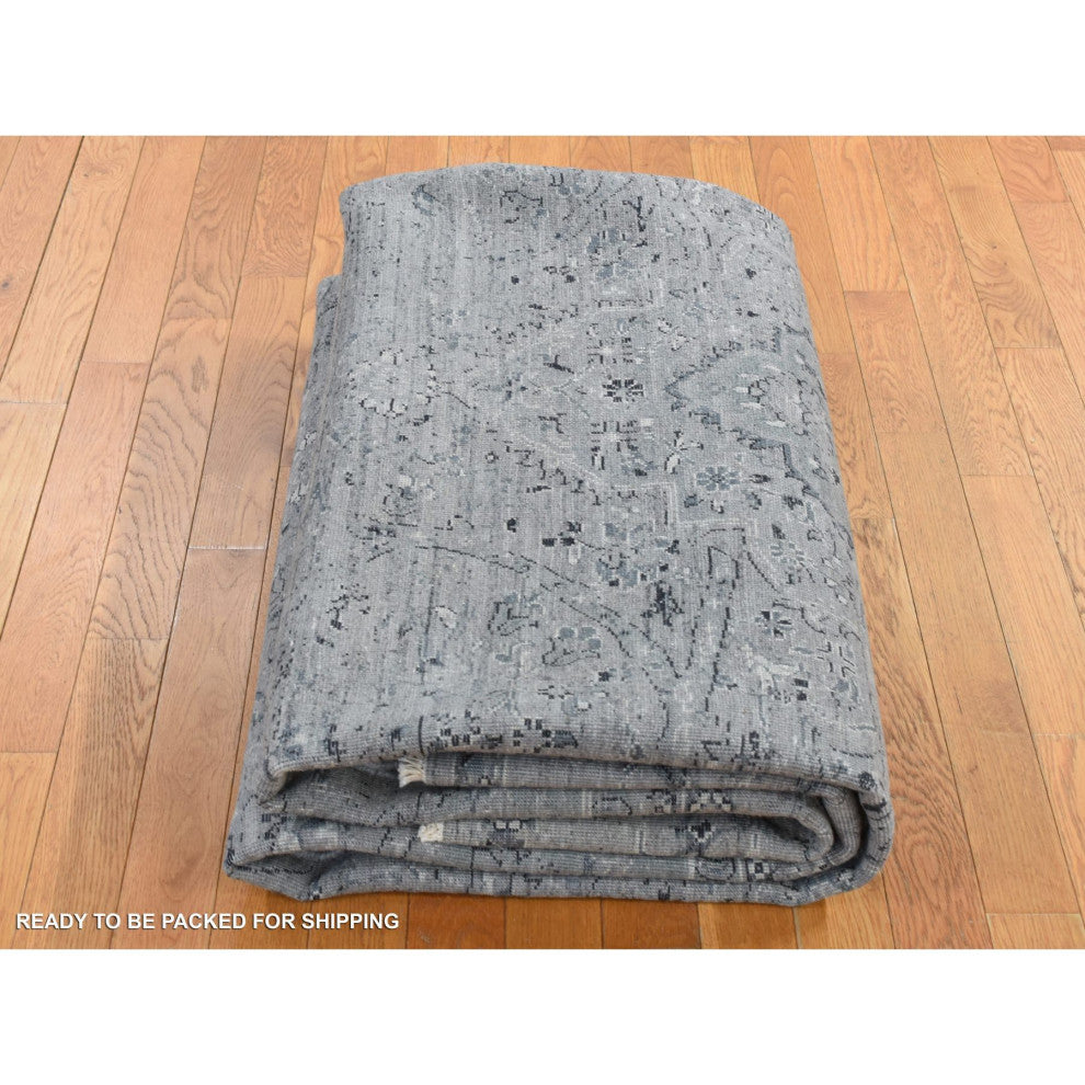 Gray Silk With Wool Erased Broken Persian Design Hand Knotted Rug 8'3"x10'1"