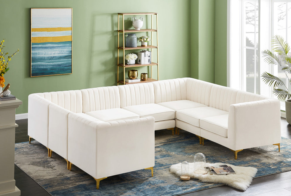 Alina Velvet Modular U-Shaped Sectional, Cream, 8-Piece: 4 Armless Chair, 4 Corner Chair