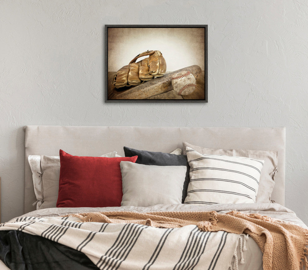 Sylvie Baseball Glove And Bat Framed Canvas by Shawn St. Peter, Gray 18x24
