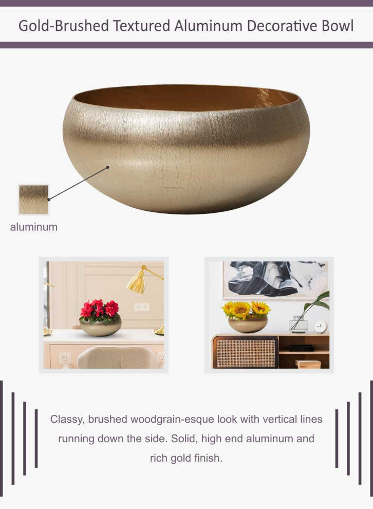 Gold-Brushed Textured Aluminum Decorative Bowl, 4"x8"