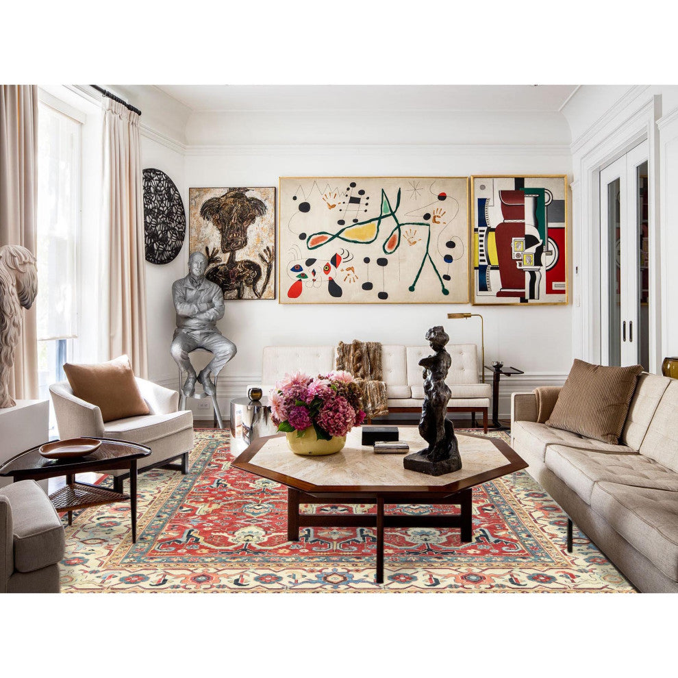 Soft Red Dense Weave Pure Wool Hand Knotted Bijar Garus Design Rug, 9'0"x12'0"
