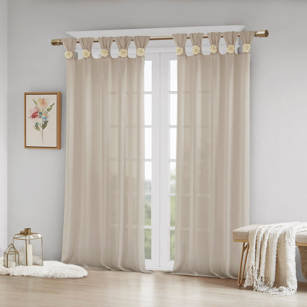 Madison Park Rosette Floral Embellished Cuff Tab Top Solid Curtain Panel