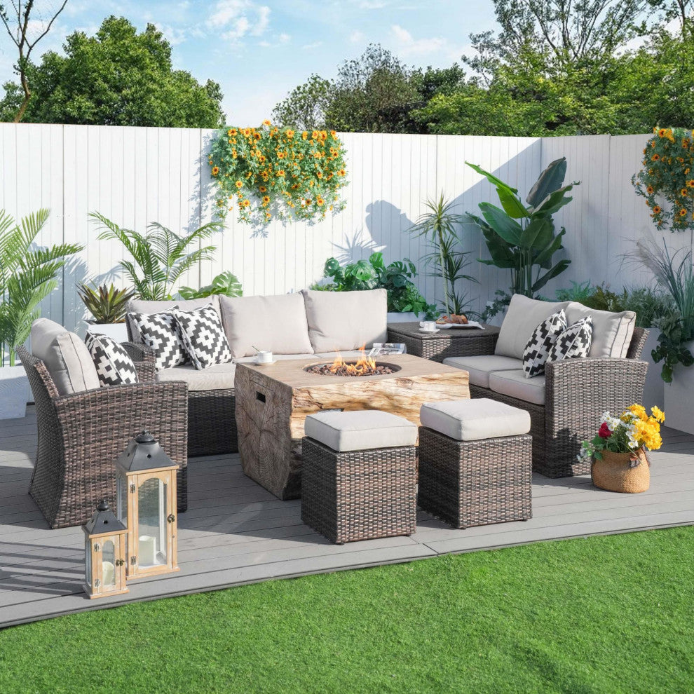7-piece Patio Wicker Garden Chat Sofa Set with Fire pit and Storage Box, Rectangle