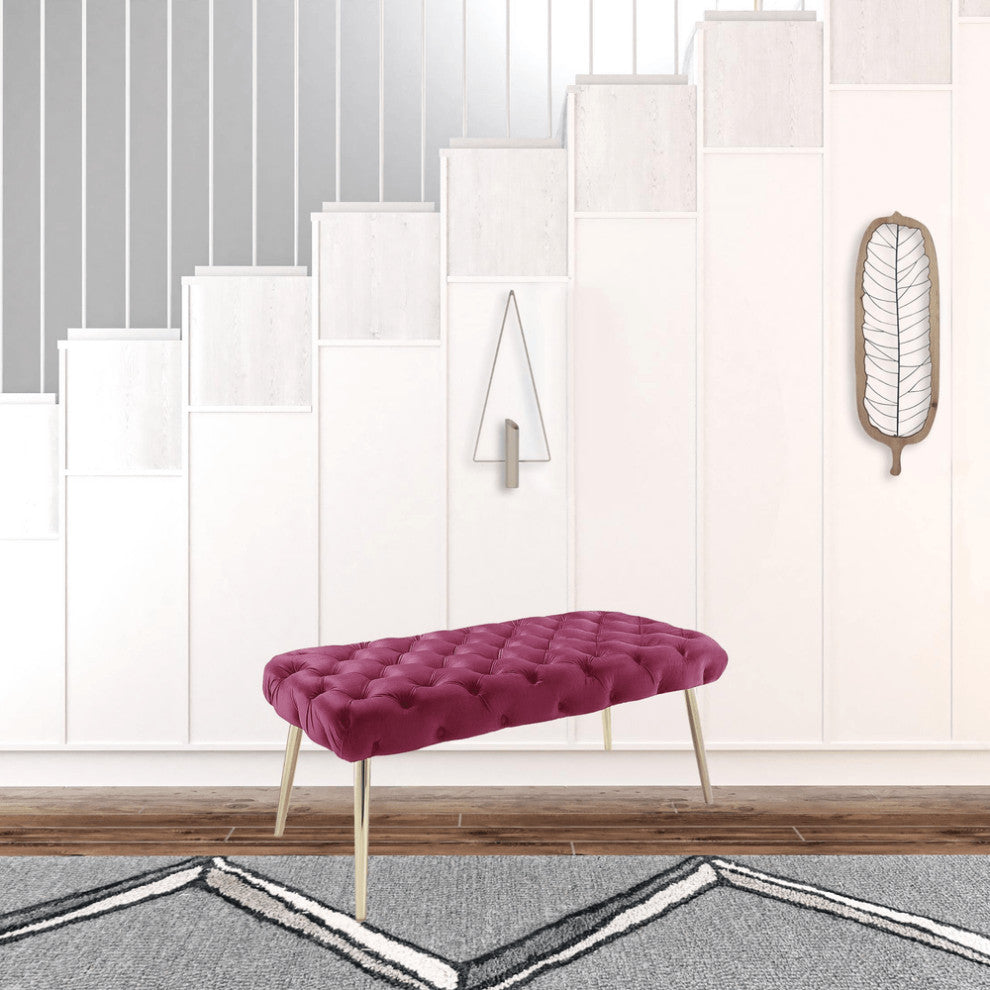 48" Fuchsia And Gold Upholstered Velvet Bench