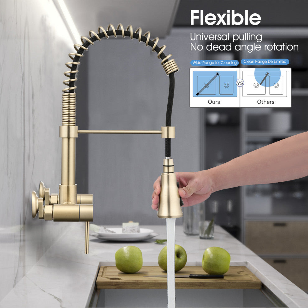 Wall Mounted Bridge Kitchen Faucet, Brushed Gold