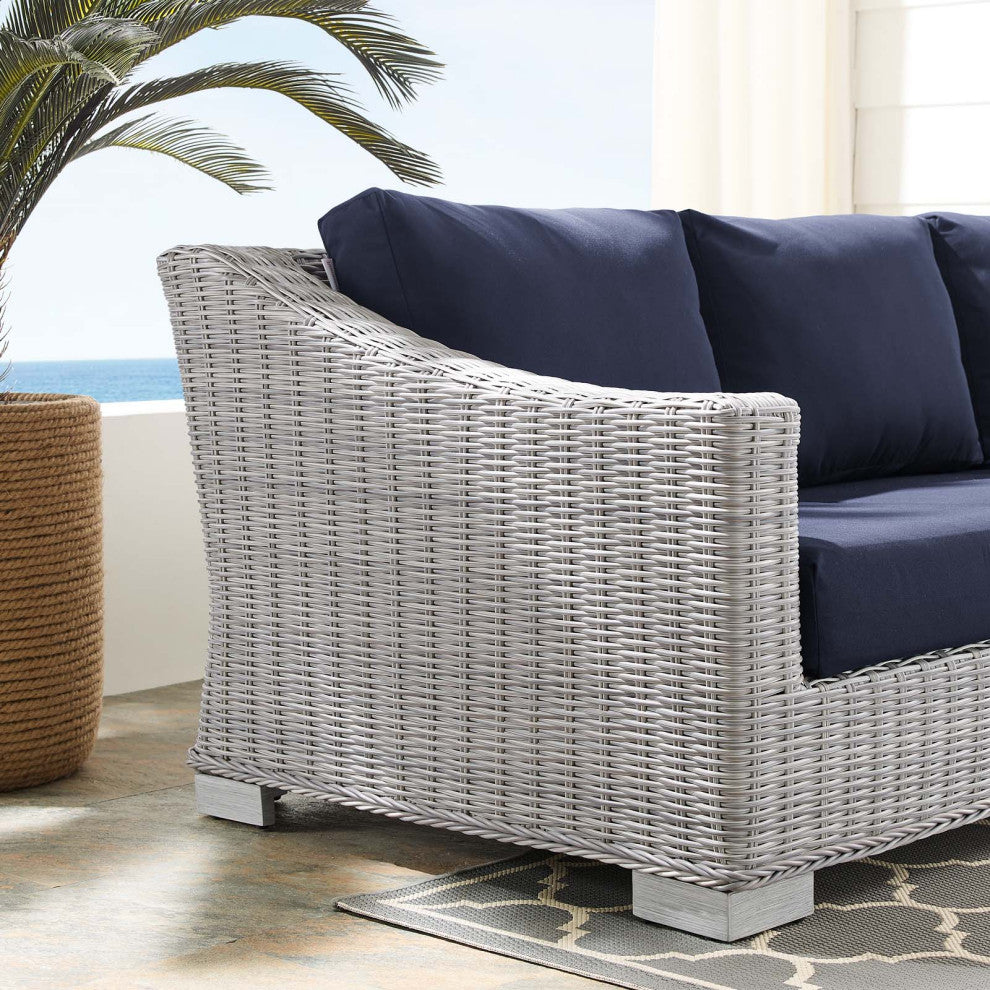 Lounge Sofa, Sunbrella, Rattan, Wicker, Gray Blue Navy, Modern, Outdoor