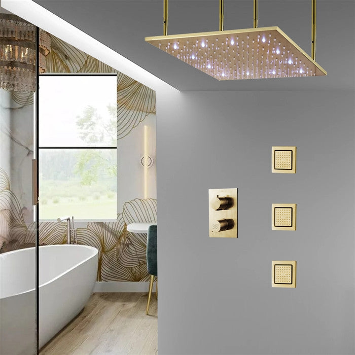 Nola 20" Brushed Gold LED Digital Rainfall Shower System With 3 Square Body Jets