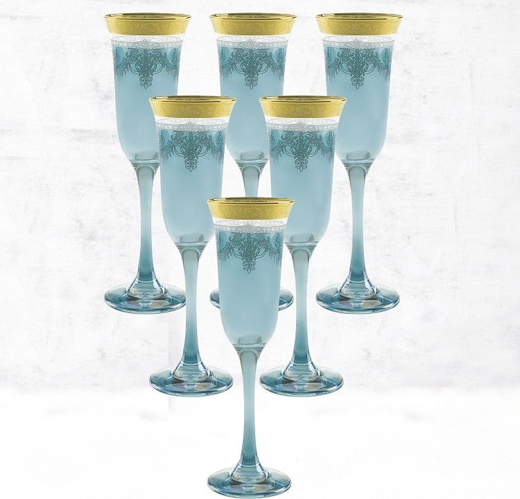 Blue Flutes Set of 6 with Gold Band