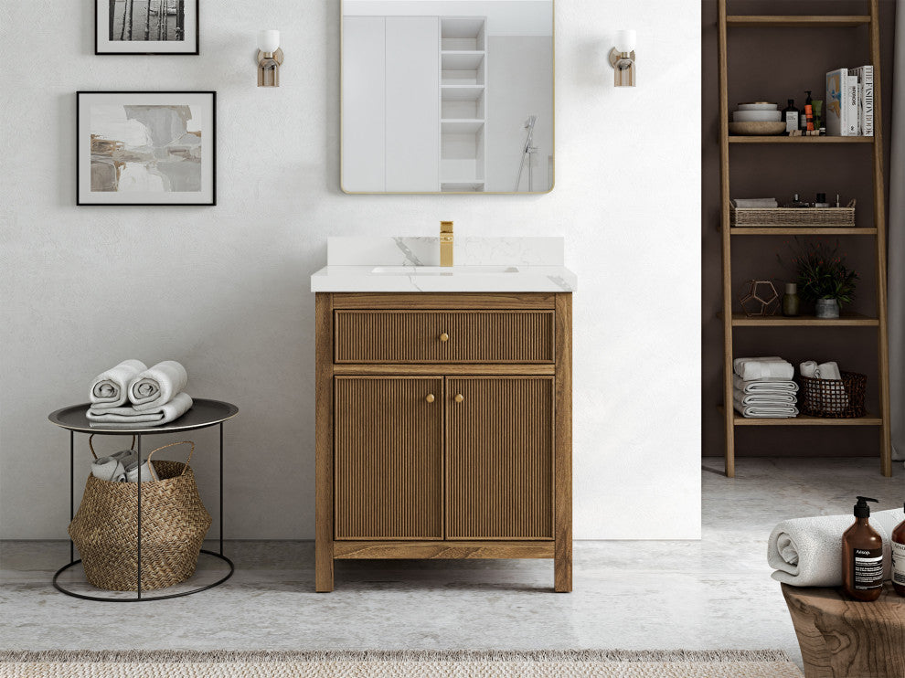 Sonoma Teak 30 Single Sink Bath Vanity in Dark Natural with 2" Calacatta Laza
