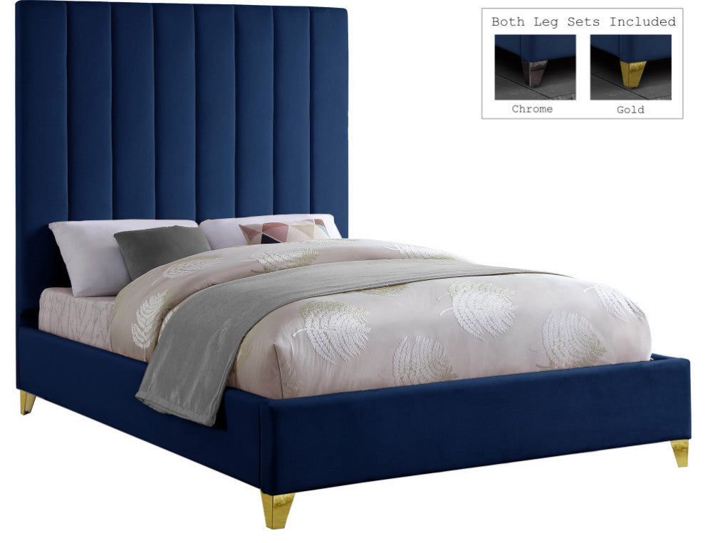 Via Velvet Upholstered Bed, Navy, Queen
