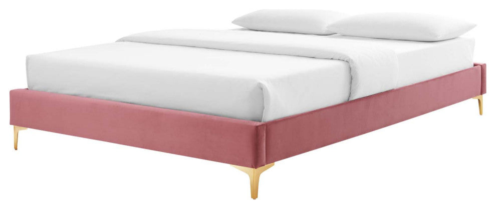 Platform Bed Frame, Full Size, Velvet, Pink, Modern Contemporary, Bedroom Master