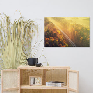 Sunrise Railroad Misty Forest Golden Haze Landscape Photo Canvas Art Print, 24" X 36"