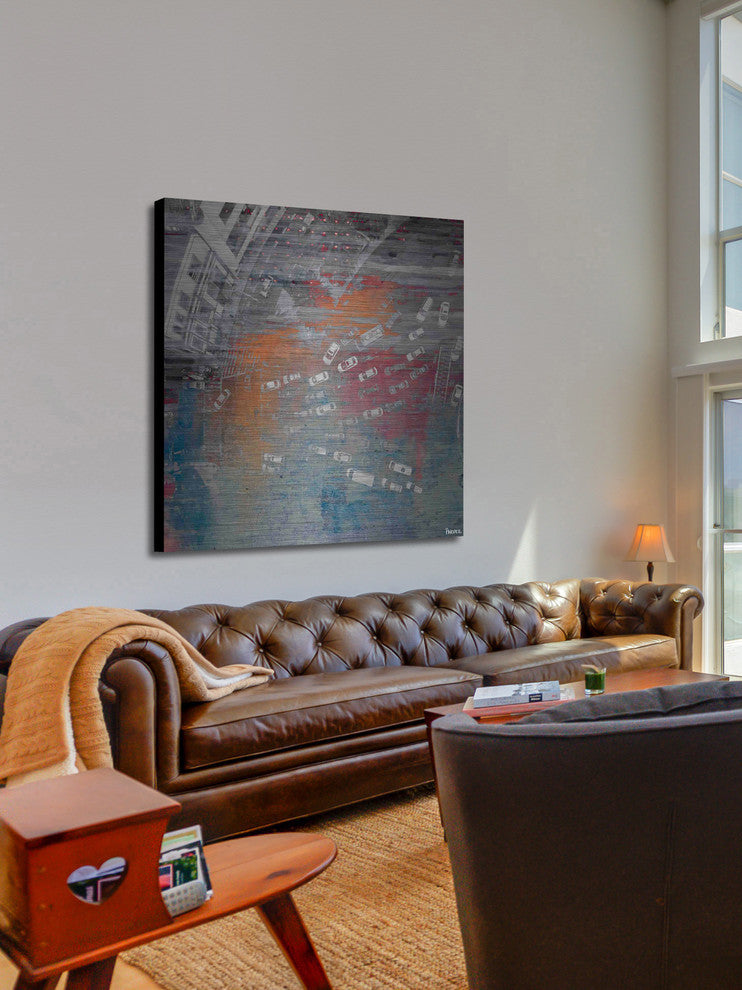 "White Car Jam" Painting Print on Brushed Aluminum, 40"x40"