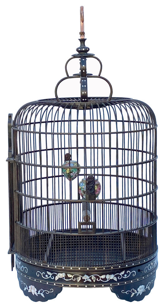 Chinese Tan Rosewood Mother of Pearl Inlay Round Collectable Birdcage Hcs7323